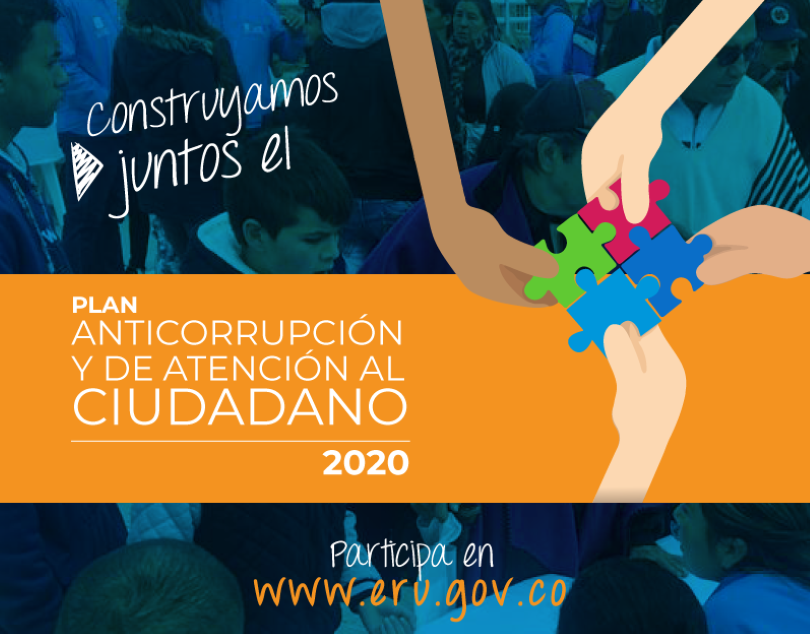 Ilustración manos armando un rompecabezas y mensaje: construyamos juntos el plan anticorrupción y de atención al ciudadano 2020