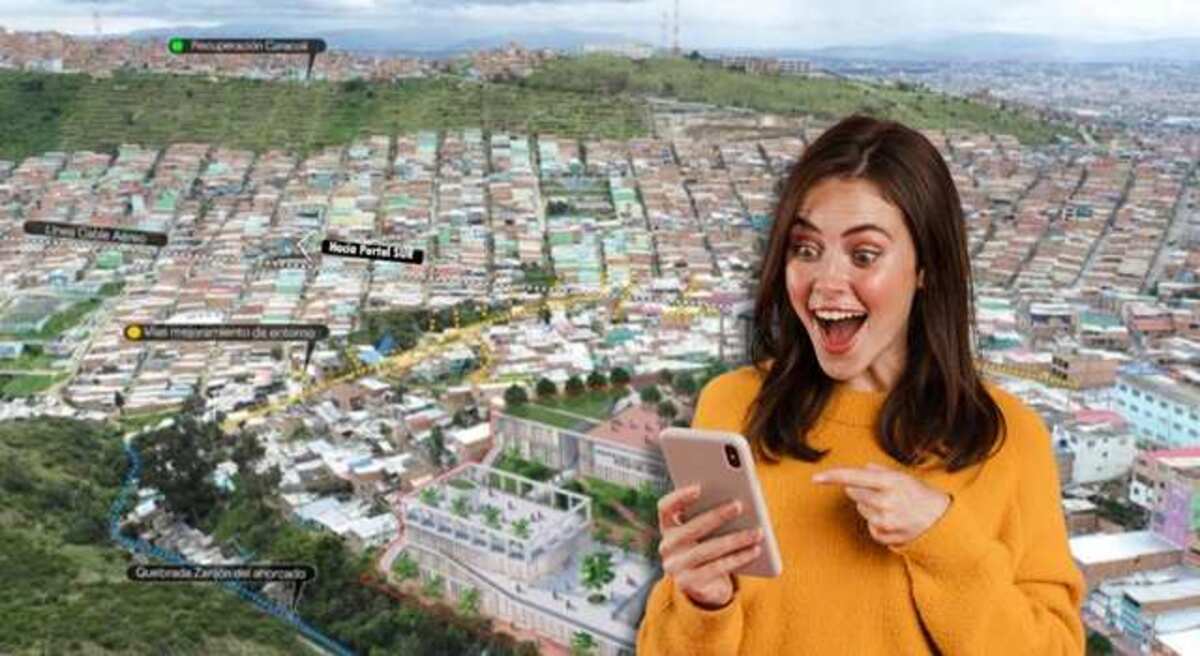 Vista aérea de un sector urbano con un proyecto ilustrado. En primer plano, una persona sostiene un celular y lo señala con una expresión de sorpresa.