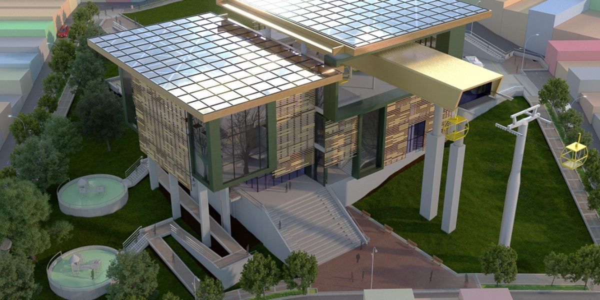 Render aéreo de un edificio elevado con paneles solares, escaleras, zonas verdes y una estación de cable con cabinas.