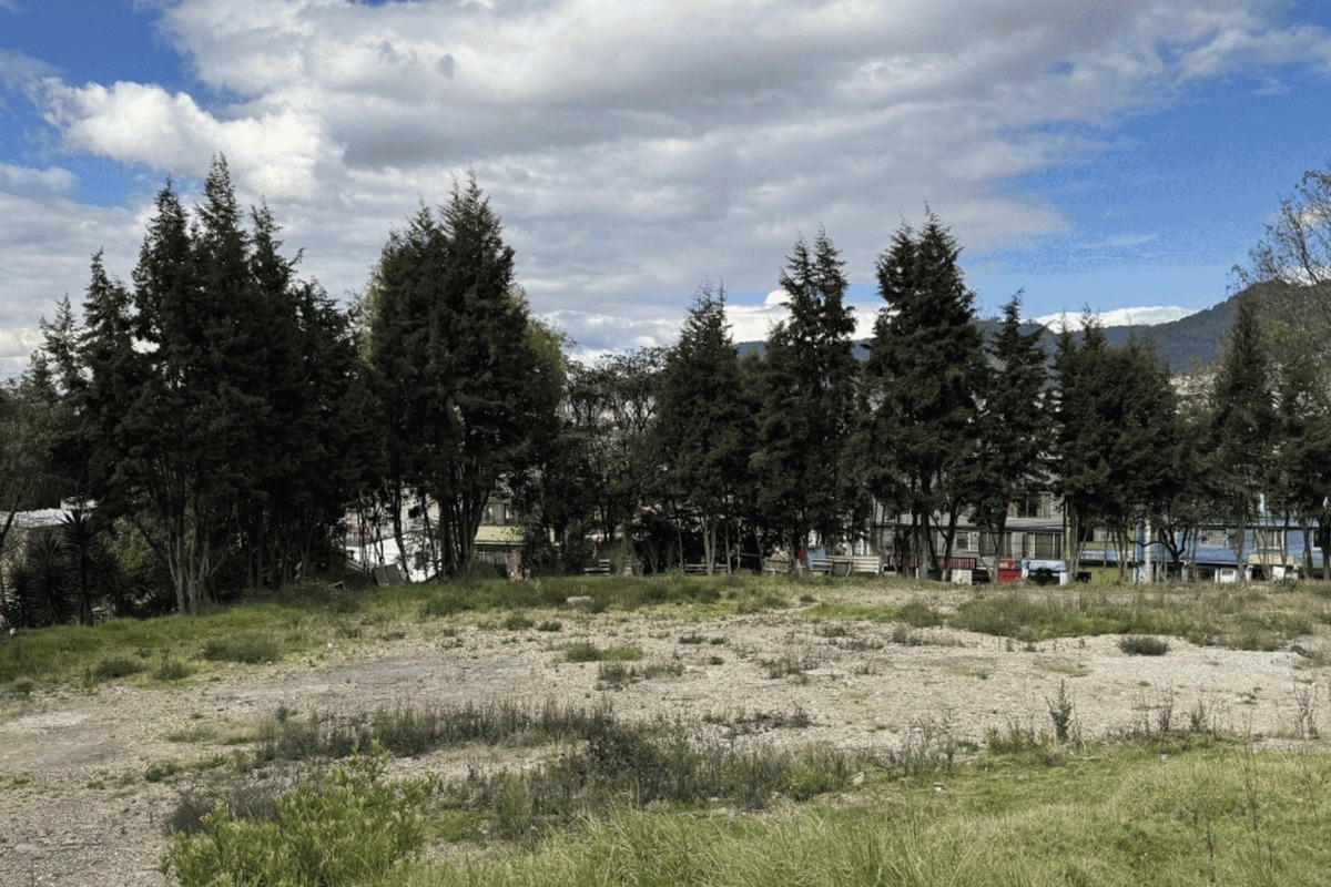 Terreno amplio y pedregoso con hierba dispersa; al fondo, fila densa de árboles altos delante de edificios bajos y autos; cielo parcialmente nublado y montes lejanos.		